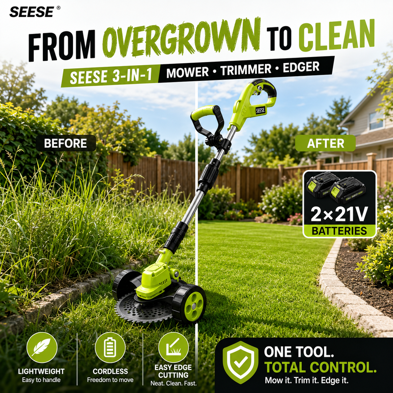 SEESE 3-in-1 Cordless Lawn Mower