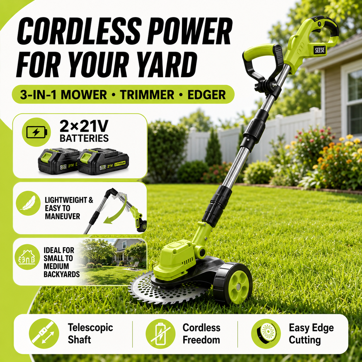 SEESE 3-in-1 Cordless Lawn Mower
